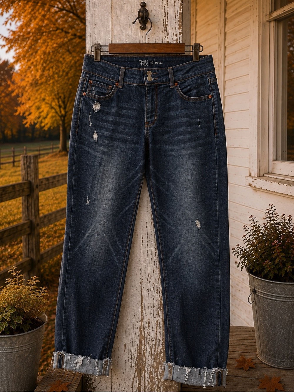 Time and Tru Womens 12 Dark Wash Distressed Skinny Jeans Double Button Cuffed